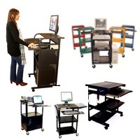 This category includes metal computer carts, metal computer desks, steel computer stands, computer cabinets. 100% metal computer furniture. Our new line of compact computer carts is 100% made of steel, powder coated in saton black paint. Sturdy, durable, compact and portable. Used in all environments: office, school, industry, medical centers, home-office. Includes rolling sit and standing computer desks & carts, as well as height adjustable computer carts and fixed wall-computer workstations. Also downview metal-glass computer desks