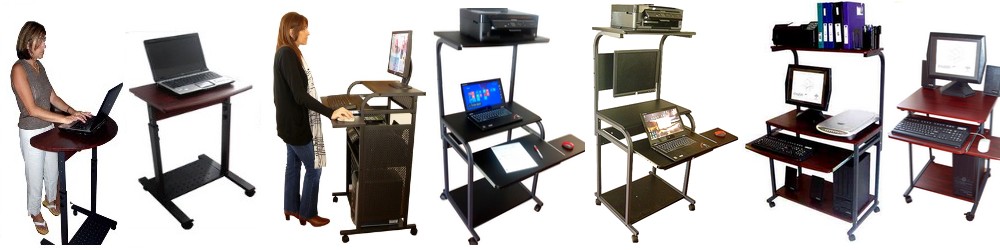 Stand-up desks, all metal desks, compact narrow small computer carts, corner desks, kid computer desks and tables, height-adjustable tables, portable computer desks. For home office, business, medical, school, classroom, library.