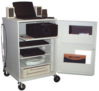MSC37 Multimedia Audio VIDEO computer storage cart and cabinet with 4 roll-out shelves, locking front door. Rolling mobile cabinet for school, classroom, as a medical exam room cart, etc... Fits in any corner as a corner desk.