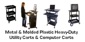 All metal multiple shelf metal computer carts and molded plastic utility carts with flat of tub shelves for hotel, restaurant, hospitality, industry, auto car shop, and commercial use in general. 